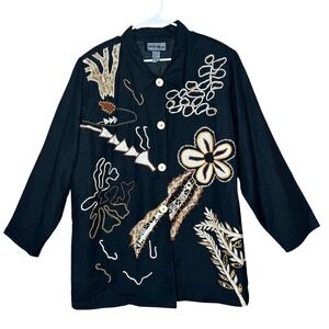 Indigo Moon VTG‎ Black Embroidered Flower Dressy Lined Jacket 1X Boho Artsy